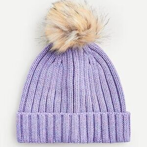 J. Crew Ribbed beanie with faux-fur pom-pom in Heather French Purple